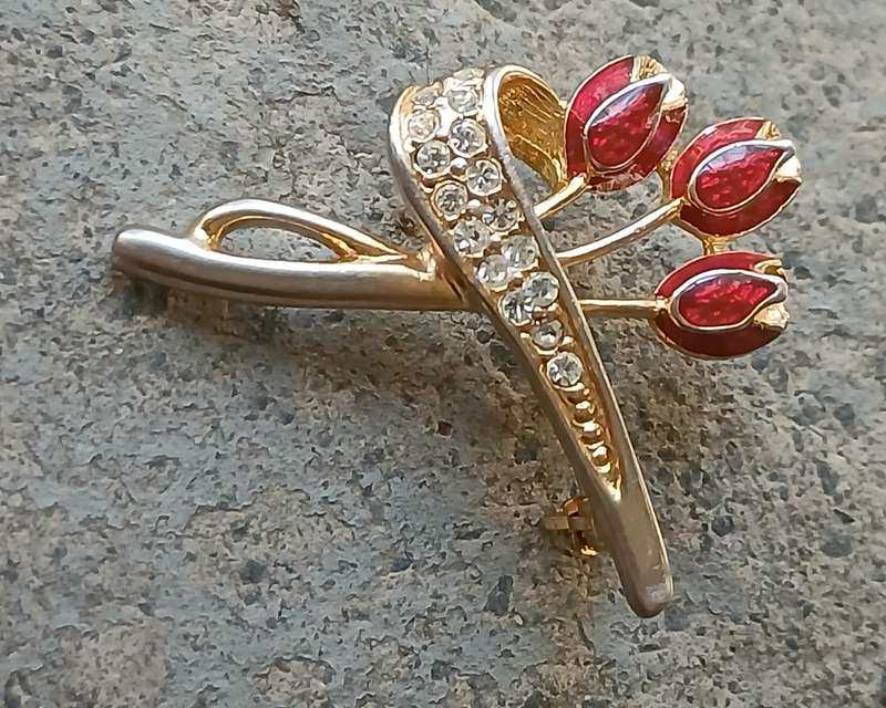 Vintage Gold-Tone Spray Brooch | Red Enamel Tulips & Pave Diamante Ribbon