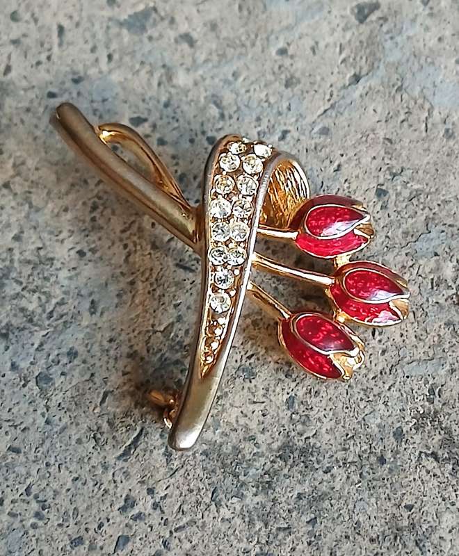 Vintage Gold-Tone Spray Brooch | Red Enamel Tulips & Pave Diamante Ribbon