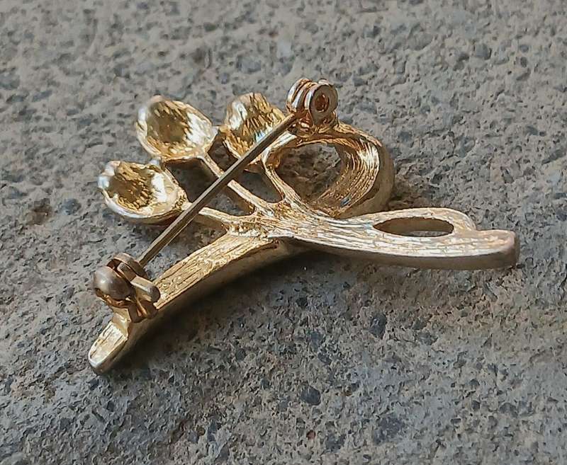Vintage Gold-Tone Spray Brooch | Red Enamel Tulips & Pave Diamante Ribbon