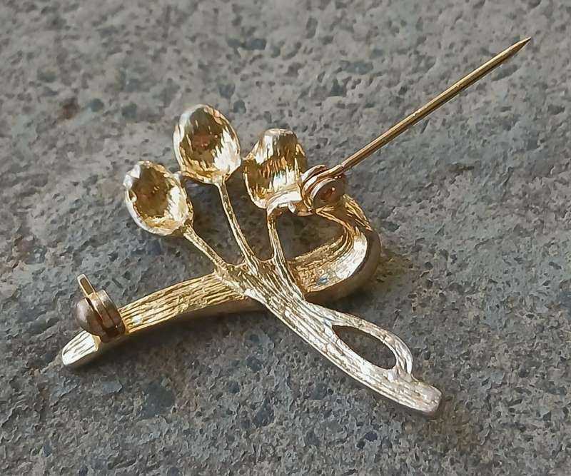 Vintage Gold-Tone Spray Brooch | Red Enamel Tulips & Pave Diamante Ribbon