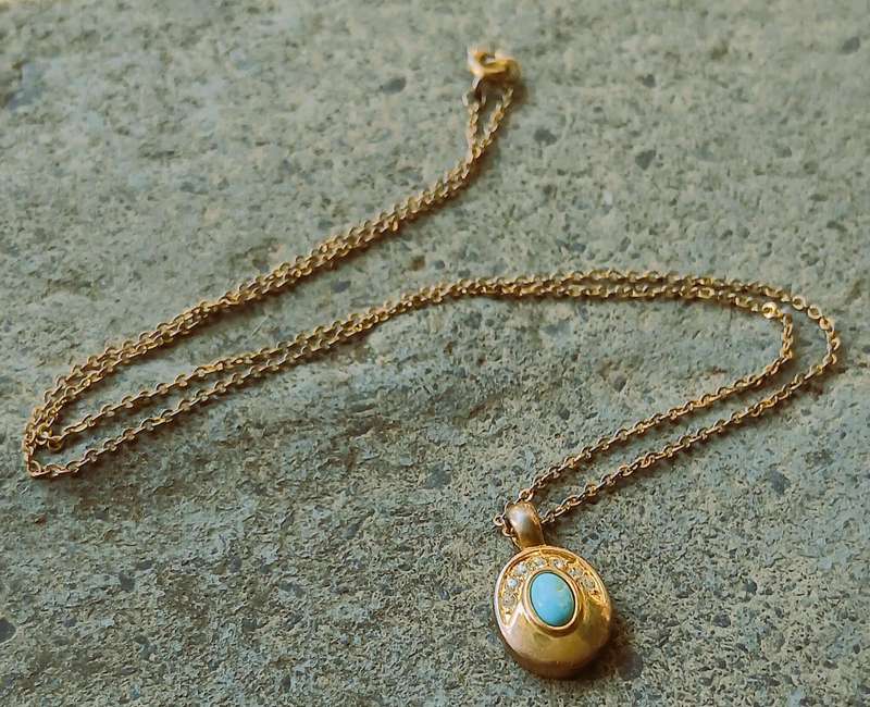 Vintage Gold Tone Pendant Necklace | Oval Drop with Turquoise & Clear Stones