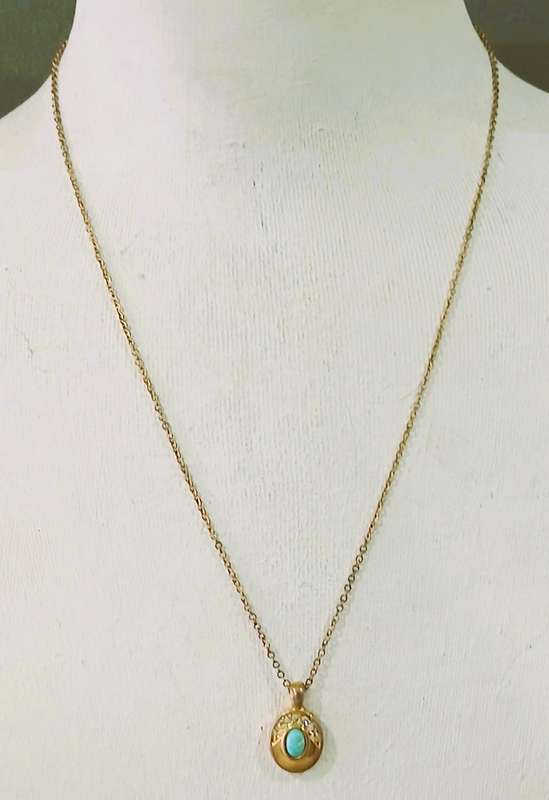 Vintage Gold Tone Pendant Necklace | Oval Drop with Turquoise & Clear Stones