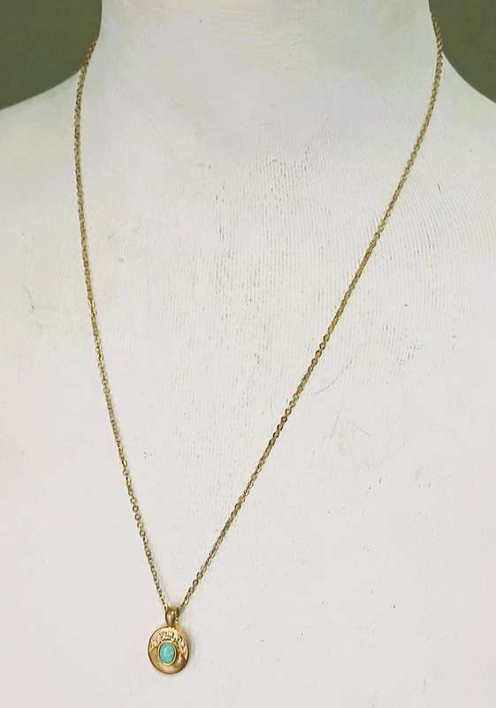 Vintage Gold Tone Pendant Necklace | Oval Drop with Turquoise & Clear Stones