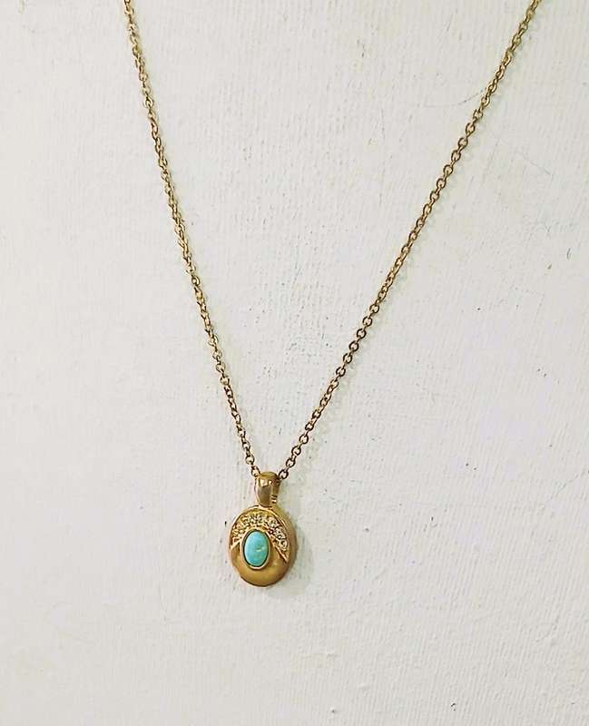 Vintage Gold Tone Pendant Necklace | Oval Drop with Turquoise & Clear Stones