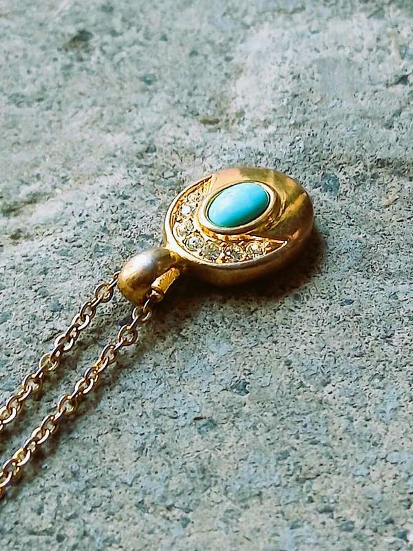 Vintage Gold Tone Pendant Necklace | Oval Drop with Turquoise & Clear Stones