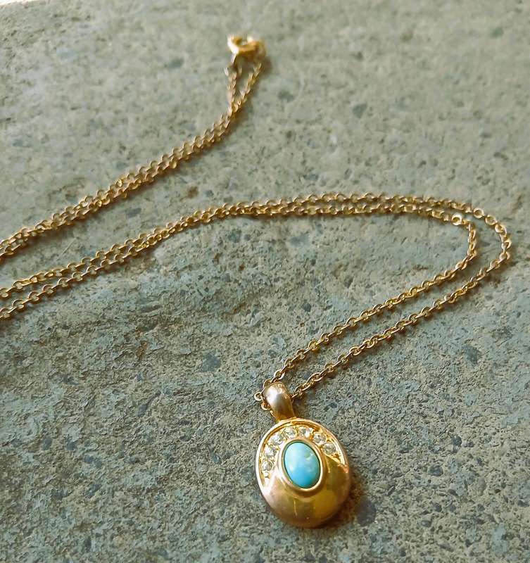 Vintage Gold Tone Pendant Necklace | Oval Drop with Turquoise & Clear Stones