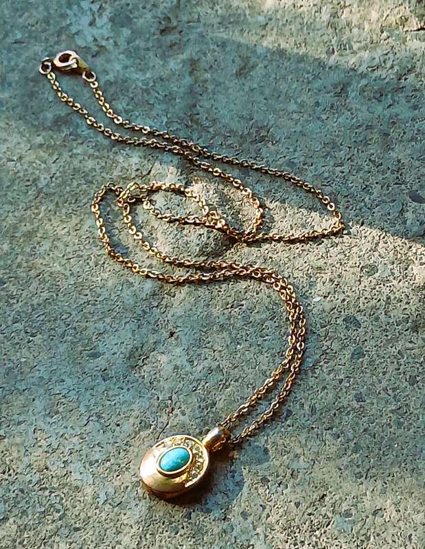 Vintage Gold Tone Pendant Necklace | Oval Drop with Turquoise & Clear Stones