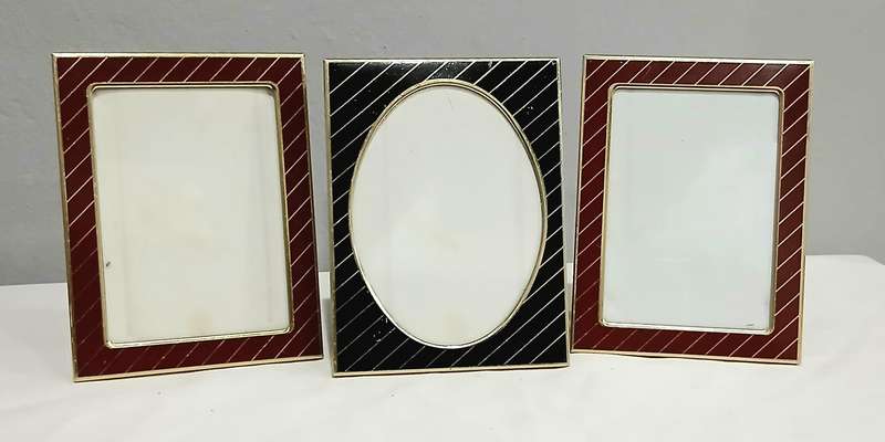 Set of 3 Retro Picture Frames | 1970s Gold-Tone Metal | Two Red Rectangular & One Black Oval