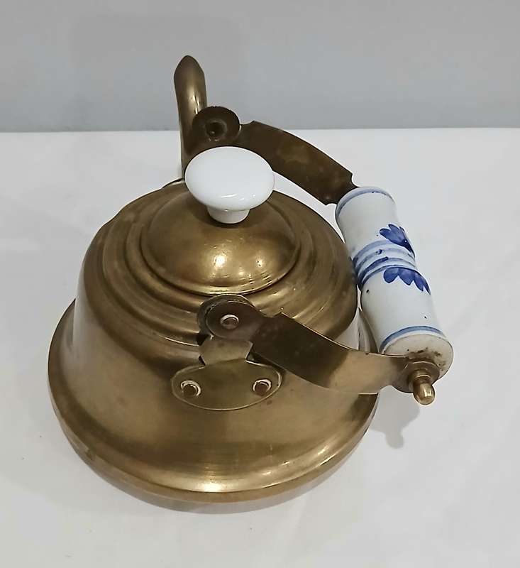 Vintage Brass Kettle | Delft-Style Ceramic Handle | Most Likely Made in Thailand for Export