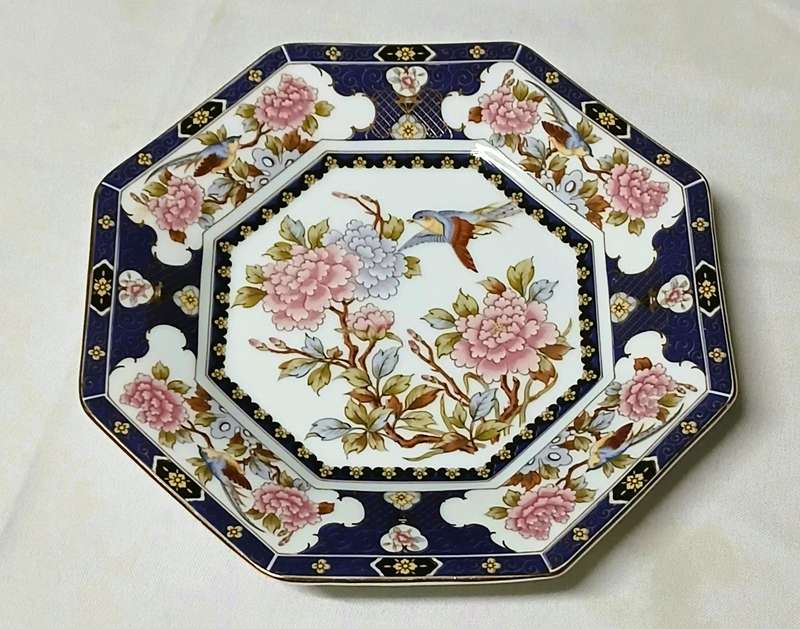 Octagonal Japanese Porcelain Display Plate with Peony & Bird Design  Unmarked, Eiwa Kinsei Style