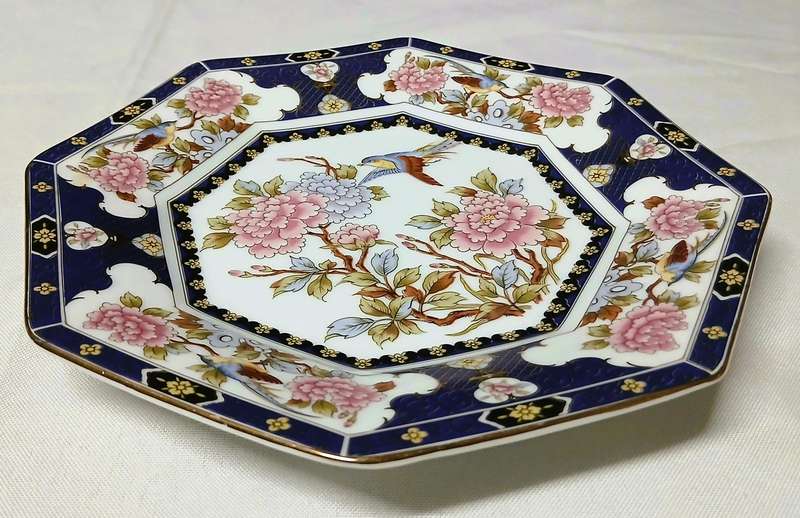 Octagonal Japanese Porcelain Display Plate with Peony & Bird Design  Unmarked, Eiwa Kinsei Style