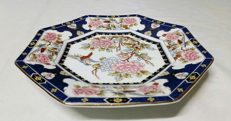 Octagonal Japanese Porcelain Display Plate with Peony & Bird Design  Unmarked, Eiwa Kinsei Style