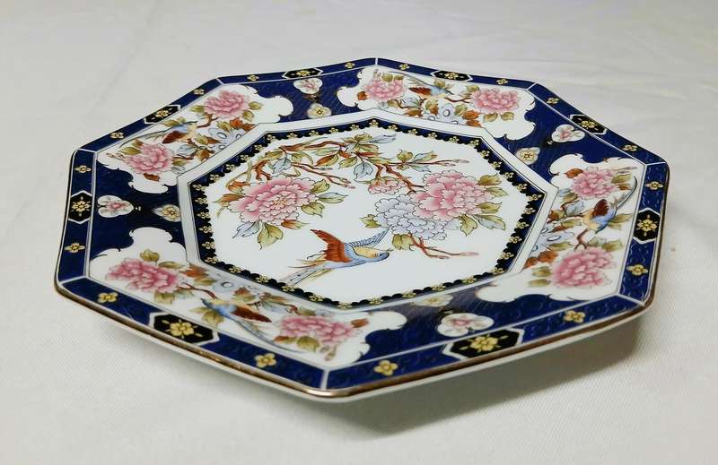 Octagonal Japanese Porcelain Display Plate with Peony & Bird Design  Unmarked, Eiwa Kinsei Style