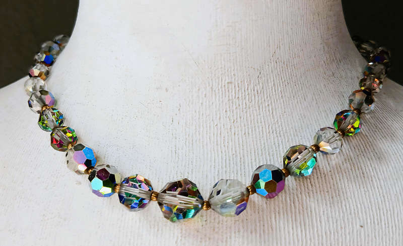 Vintage 1940s Aurora Borealis Crystal Necklace | Faceted Graduated Beads on Brass Links