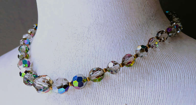 Vintage 1940s Aurora Borealis Crystal Necklace | Faceted Graduated Beads on Brass Links