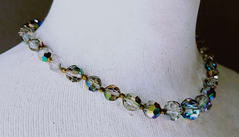 Vintage 1940s Aurora Borealis Crystal Necklace | Faceted Graduated Beads on Brass Links