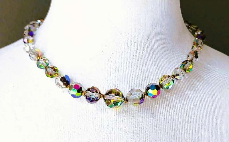 Vintage 1940s Aurora Borealis Crystal Necklace | Faceted Graduated Beads on Brass Links