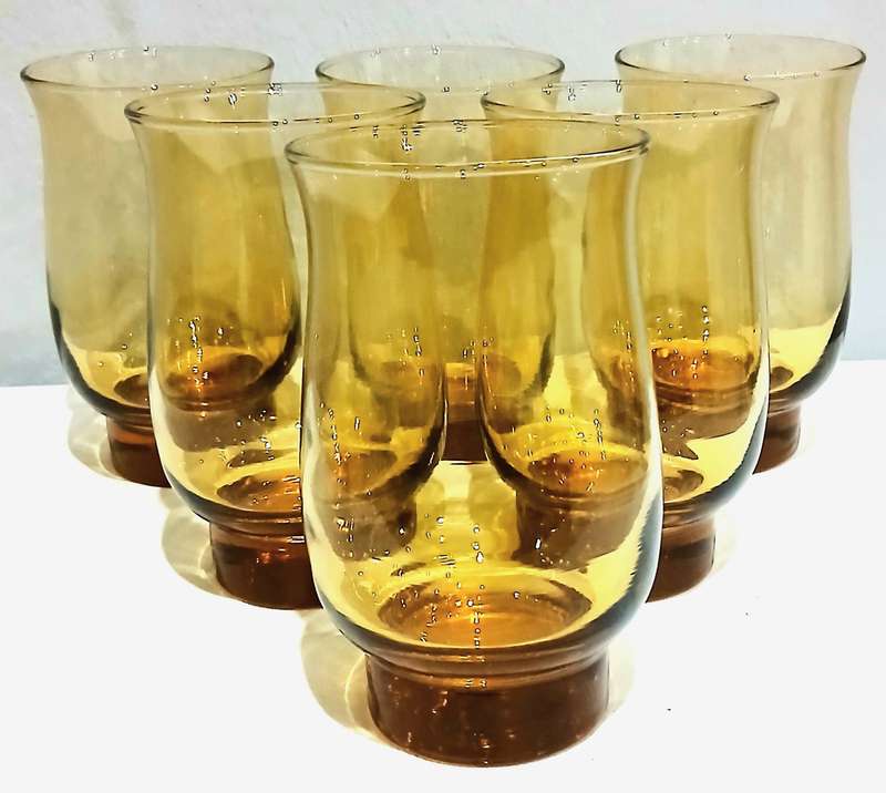 Vintage Amber Glass Tumblers | Set of 6 | Mid-Century Style with Bubbles | c1970