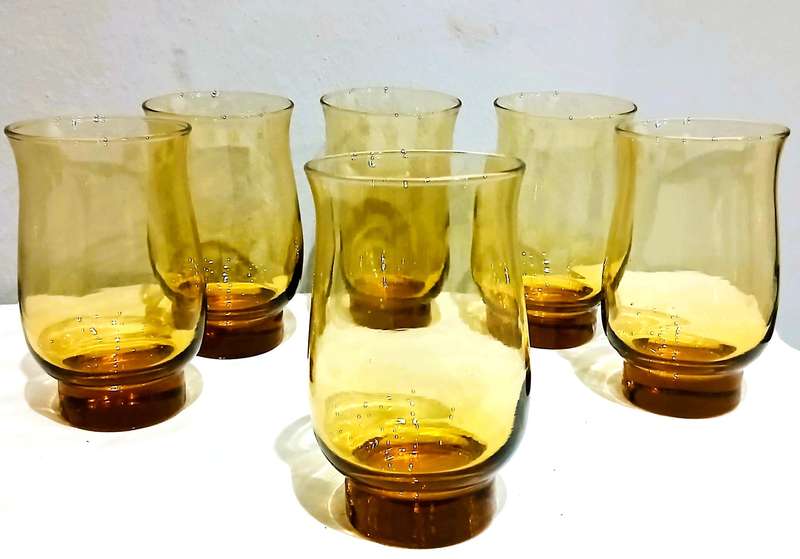 Vintage Amber Glass Tumblers | Set of 6 | Mid-Century Style with Bubbles | c1970