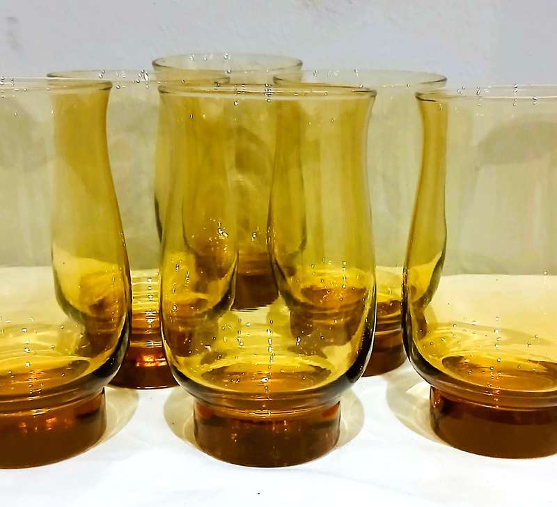 Vintage Amber Glass Tumblers | Set of 6 | Mid-Century Style with Bubbles | c1970