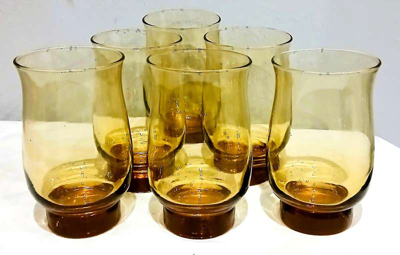 Vintage Amber Glass Tumblers | Set of 6 | Mid-Century Style with Bubbles | c1970