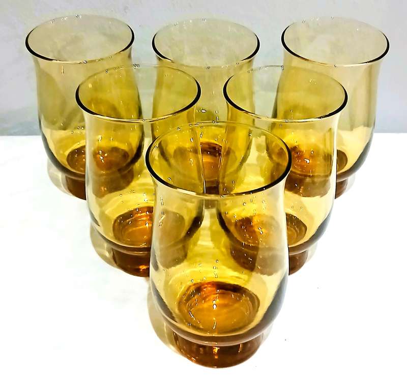 Vintage Amber Glass Tumblers | Set of 6 | Mid-Century Style with Bubbles | c1970