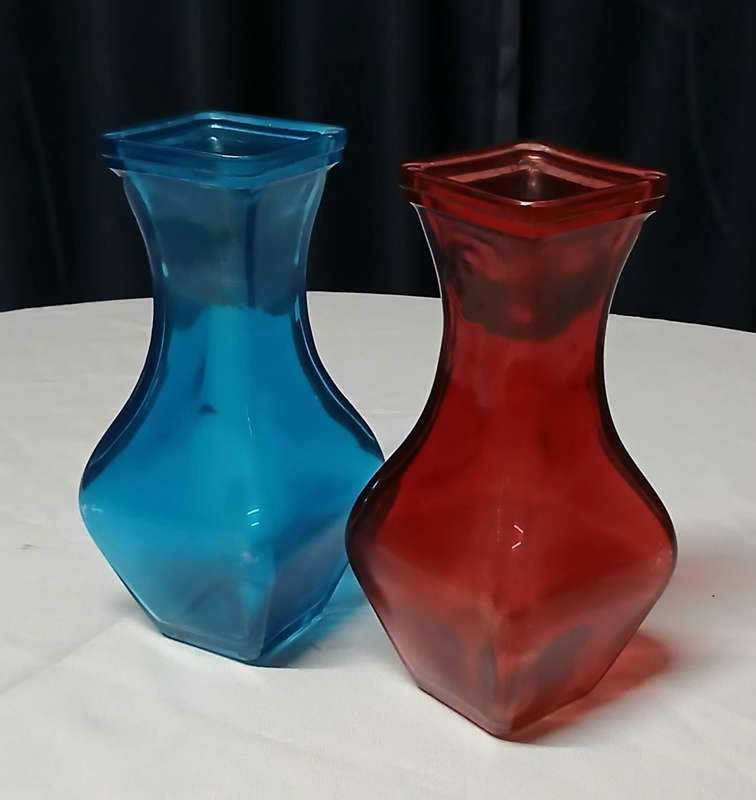 Vintage Art Deco Style Glass Vases | Pair of Bright Ruby Red & Electric Blue Display Pieces