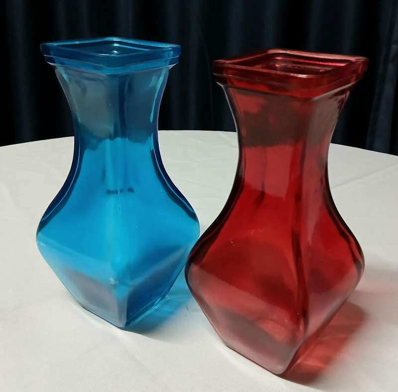 Vintage Art Deco Style Glass Vases | Pair of Bright Ruby Red & Electric Blue Display Pieces