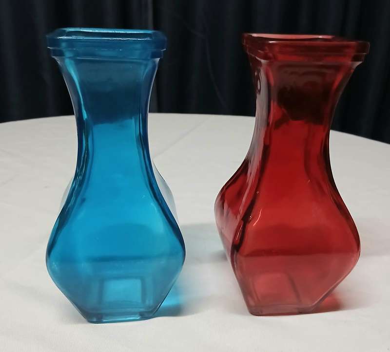 Vintage Art Deco Style Glass Vases | Pair of Bright Ruby Red & Electric Blue Display Pieces