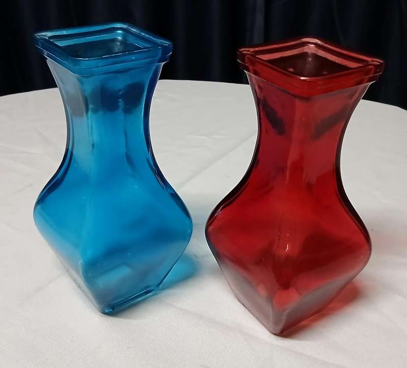 Vintage Art Deco Style Glass Vases | Pair of Bright Ruby Red & Electric Blue Display Pieces