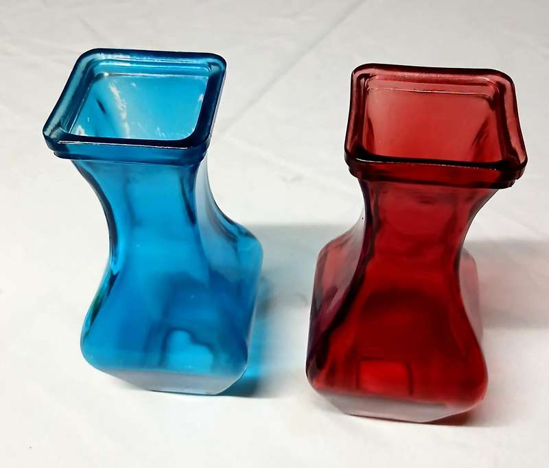 Vintage Art Deco Style Glass Vases | Pair of Bright Ruby Red & Electric Blue Display Pieces