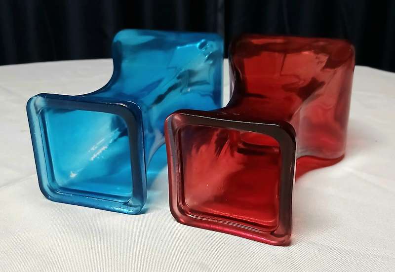 Vintage Art Deco Style Glass Vases | Pair of Bright Ruby Red & Electric Blue Display Pieces