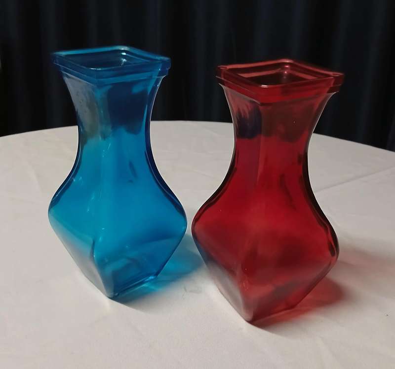 Vintage Art Deco Style Glass Vases | Pair of Bright Ruby Red & Electric Blue Display Pieces