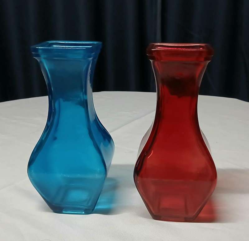 Vintage Art Deco Style Glass Vases | Pair of Bright Ruby Red & Electric Blue Display Pieces