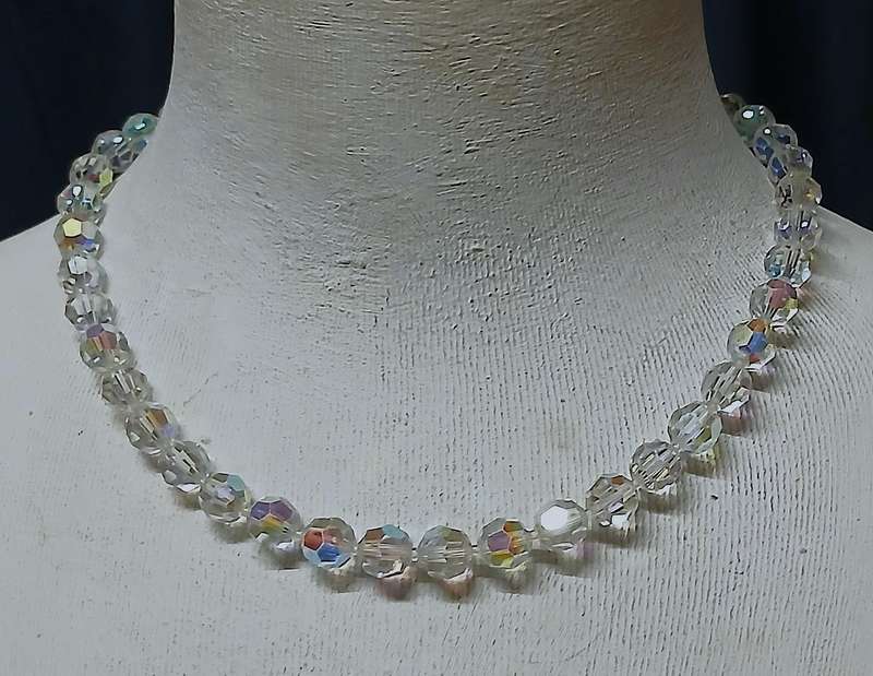 Vintage Aurora Borealis Crystal Necklace | Ice Blue Iridescent Beads with Sterling Clasp