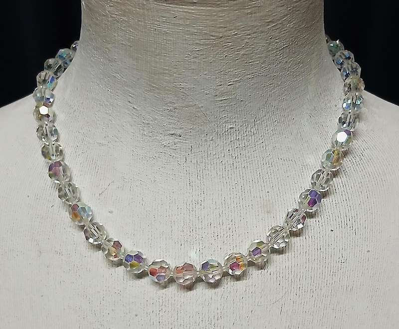 Vintage Aurora Borealis Crystal Necklace | Ice Blue Iridescent Beads with Sterling Clasp