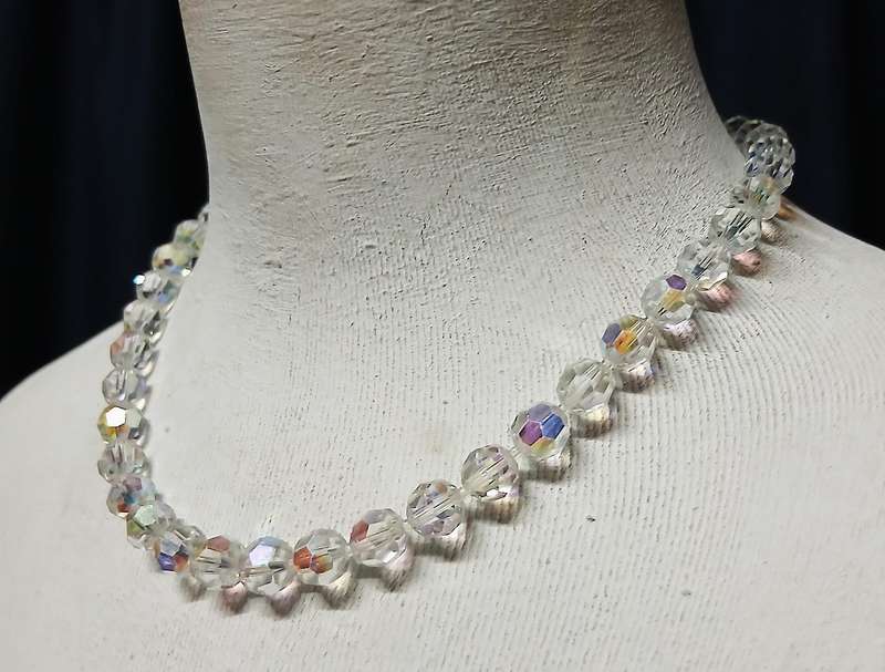 Vintage Aurora Borealis Crystal Necklace | Ice Blue Iridescent Beads with Sterling Clasp