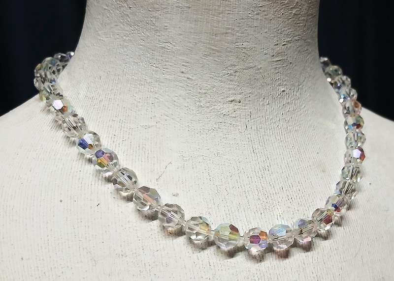 Vintage Aurora Borealis Crystal Necklace | Ice Blue Iridescent Beads with Sterling Clasp