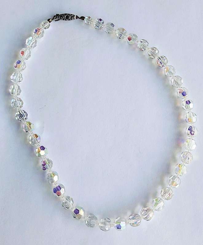 Vintage Aurora Borealis Crystal Necklace | Ice Blue Iridescent Beads with Sterling Clasp