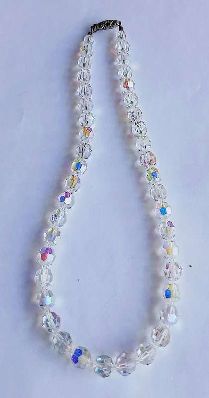Vintage Aurora Borealis Crystal Necklace | Ice Blue Iridescent Beads with Sterling Clasp