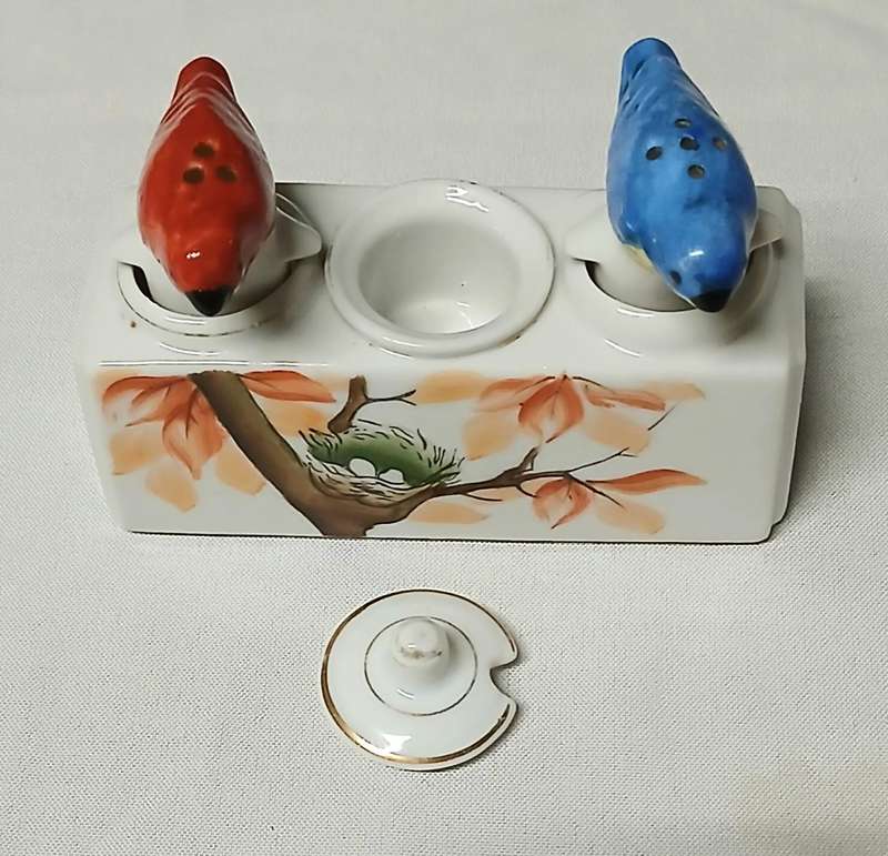 Vintage Bird Nodder Cruet Set | Hand Painted PAT TK & King's Way Mark | Red & Blue Porcelain Shakers