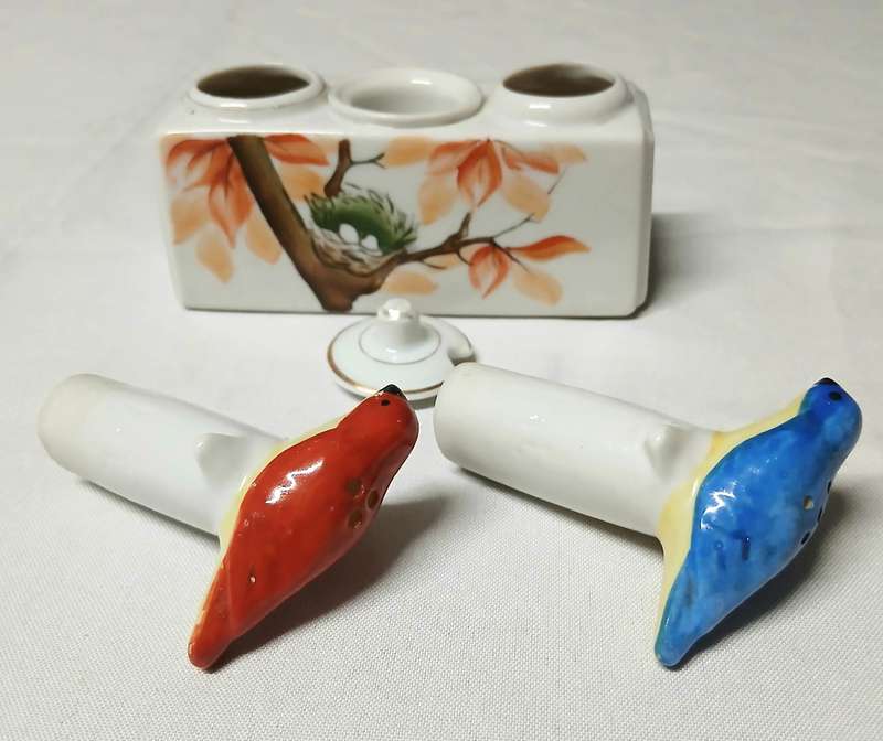 Vintage Bird Nodder Cruet Set | Hand Painted PAT TK & King's Way Mark | Red & Blue Porcelain Shakers