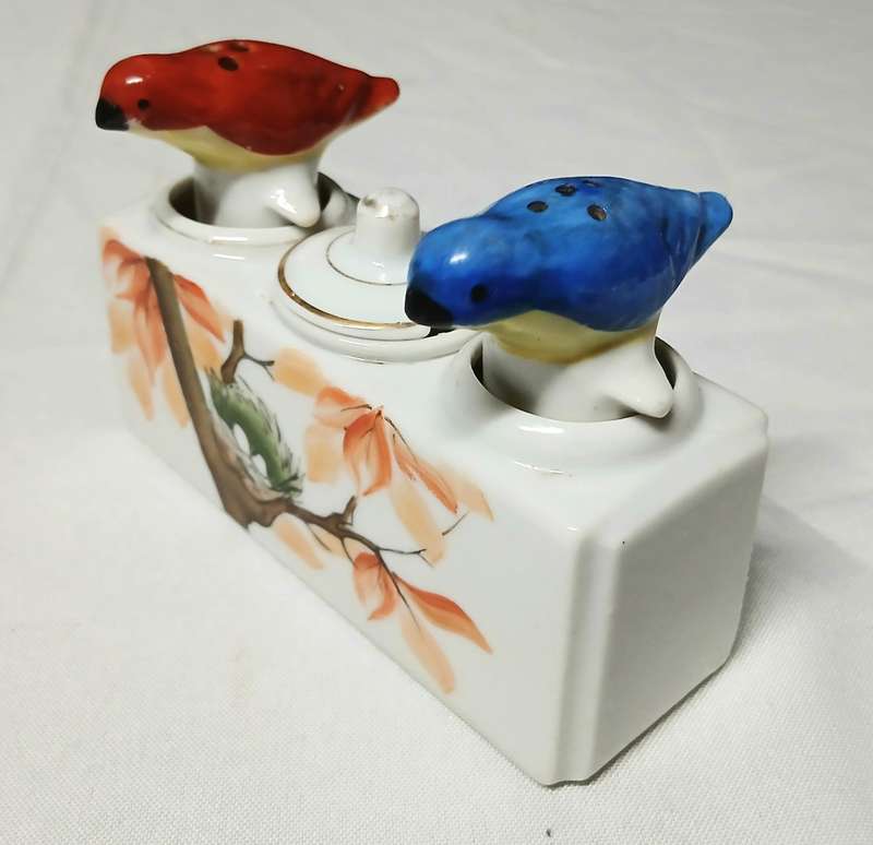Vintage Bird Nodder Cruet Set | Hand Painted PAT TK & King's Way Mark | Red & Blue Porcelain Shakers