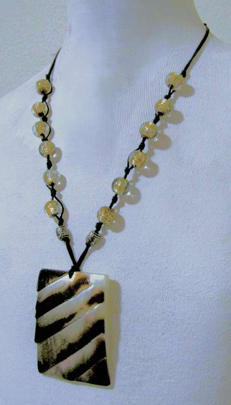 Vintage Bohemian Pendant Necklace | Art Glass Beads & Carved Mother of Pearl