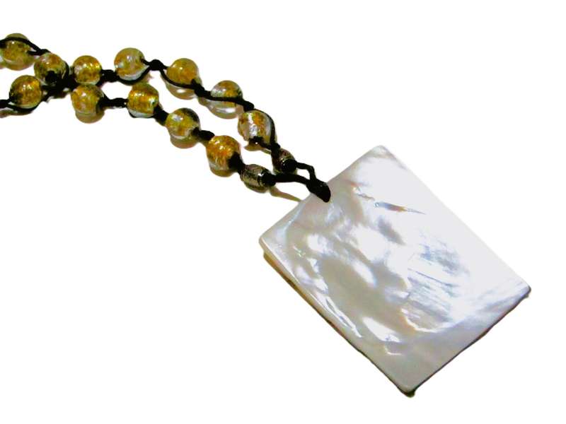 Vintage Bohemian Pendant Necklace | Art Glass Beads & Carved Mother of Pearl