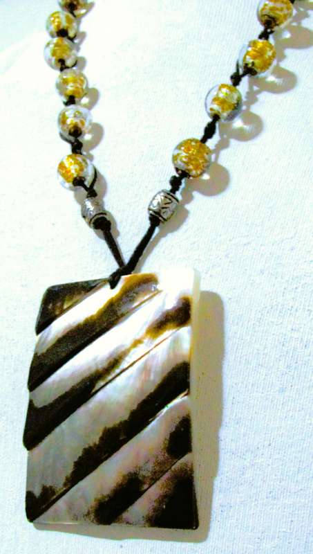 Vintage Bohemian Pendant Necklace | Art Glass Beads & Carved Mother of Pearl