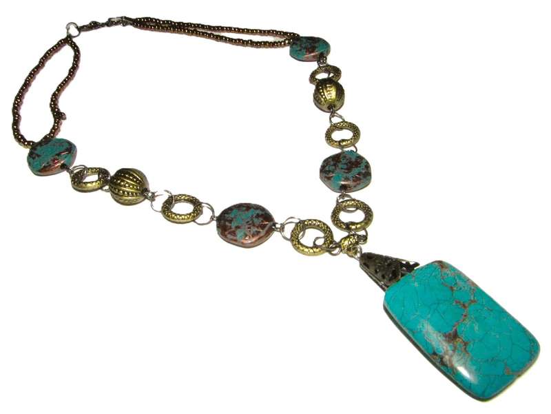Vintage Brass-Tone Pendant Necklace | Hand-Made with Turquoise Beads & Simulated Stone