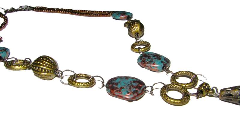 Vintage Brass-Tone Pendant Necklace | Hand-Made with Turquoise Beads & Simulated Stone