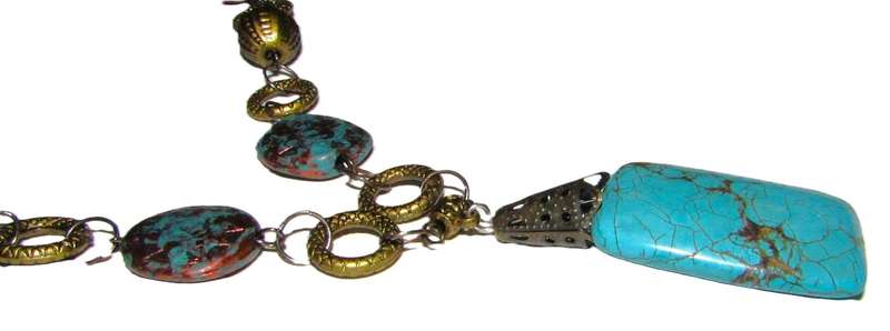Vintage Brass-Tone Pendant Necklace | Hand-Made with Turquoise Beads & Simulated Stone