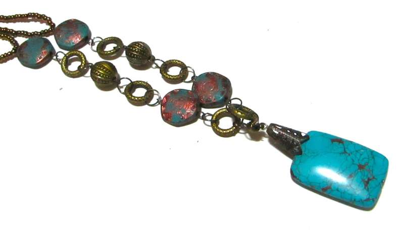 Vintage Brass-Tone Pendant Necklace | Hand-Made with Turquoise Beads & Simulated Stone